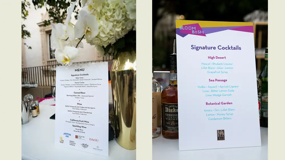 Floral cocktail menu design photographed at an event. View selected works